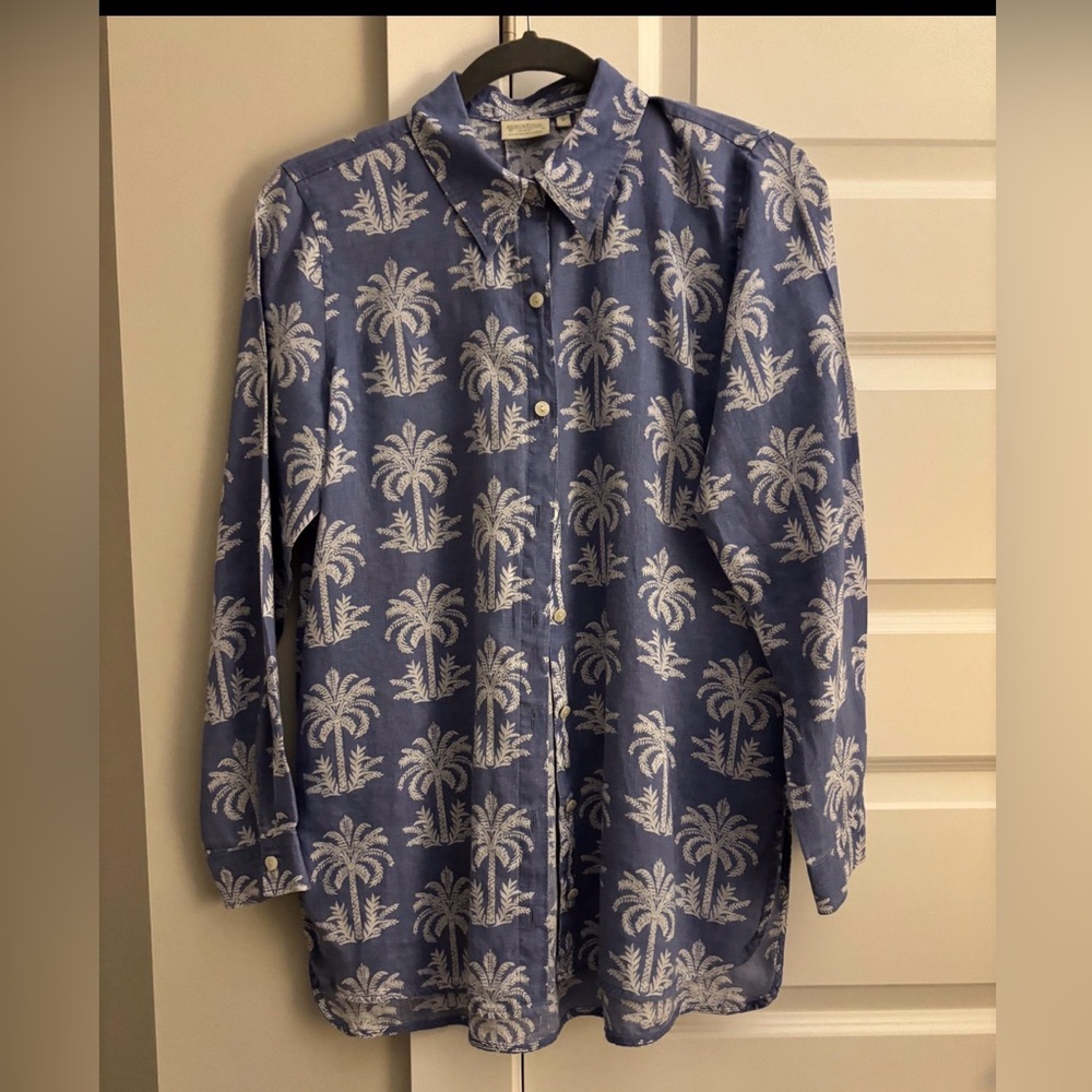 Spartina 449 Blue and White Palm Print Women's Linen Button Front Shirt
